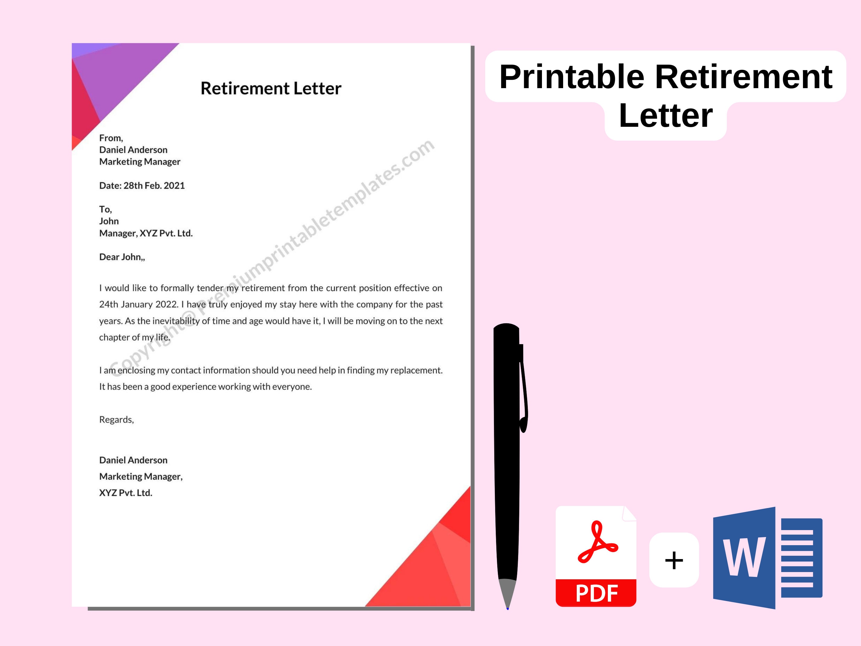 printable retirement letter in word and pdf etsy ireland