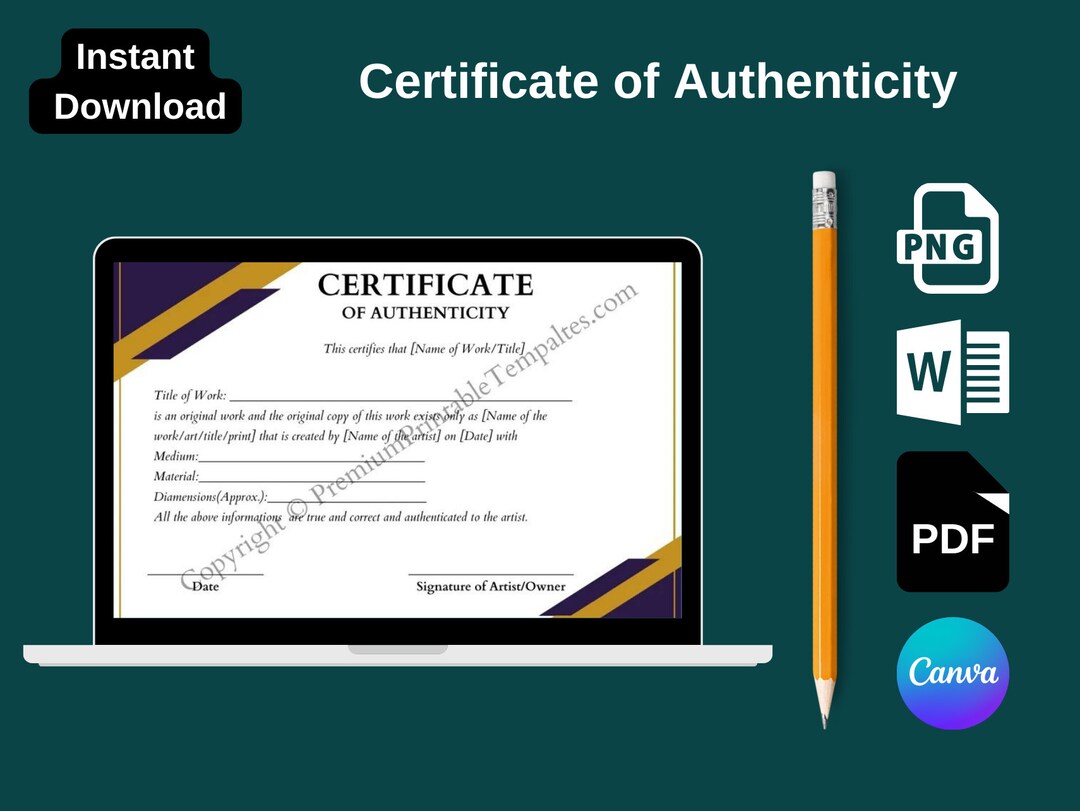 Printable Certificate of Authenticity in PDF and Word Canva Template - Etsy