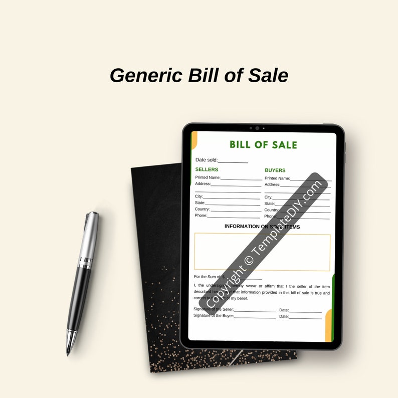 Generic bill of sale blank printable form template in pdf etsy