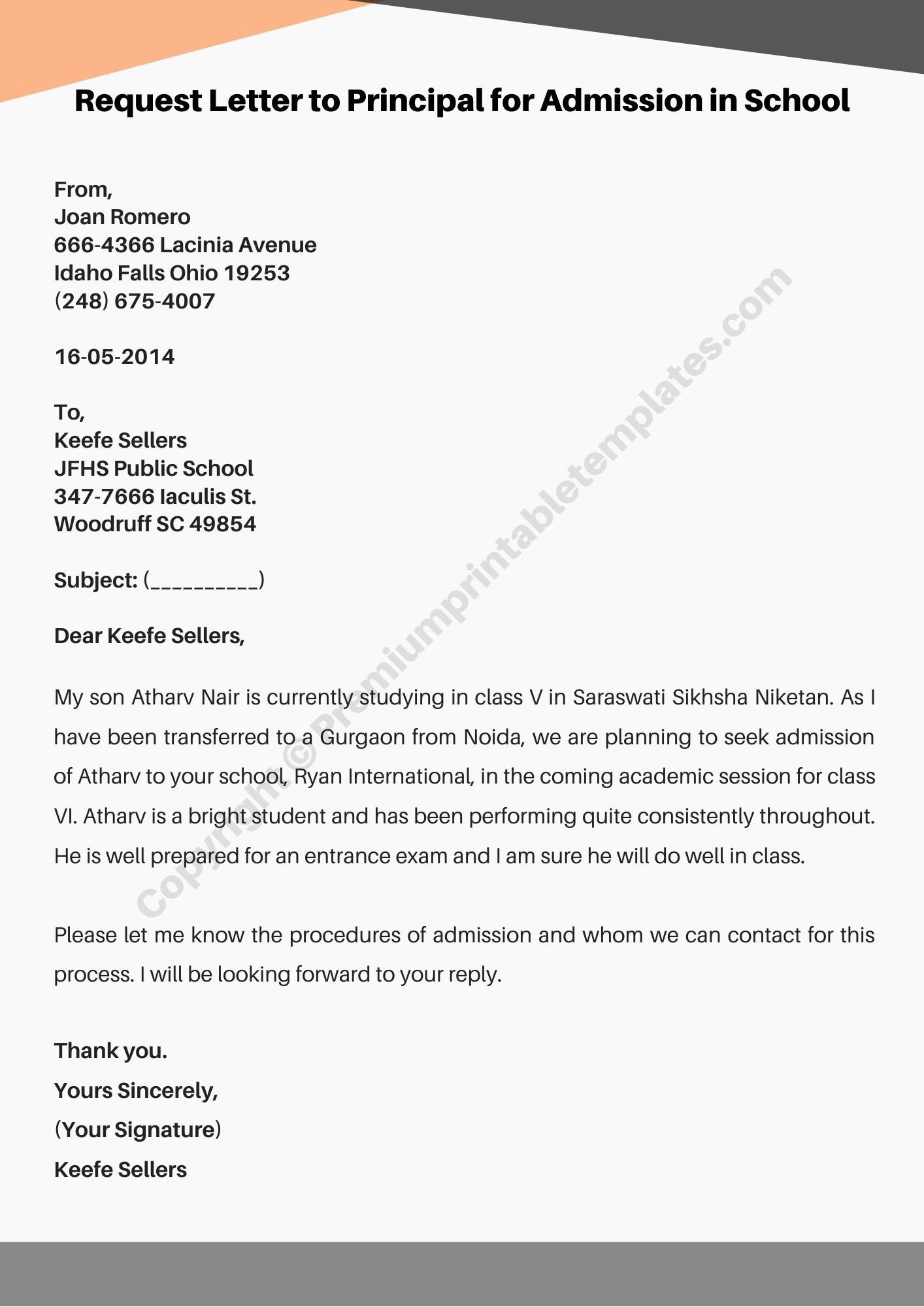 application letter for child's school admission