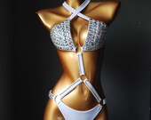 Rhinestone Bikini Set, Glitter Sequin Swimsuit, Women Sexy Bikini, Nightclub Suit,Two Piece Bathing Suit, Side Tie Brazilian Bikini Bottom