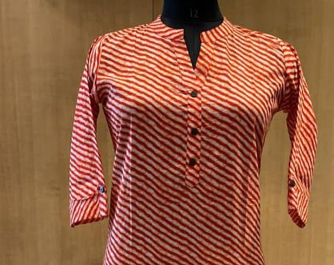Printed Lehariya Cotton Kurti In Red Colour