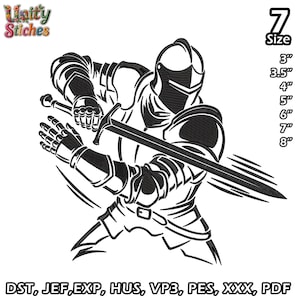 Könnte beinhalten: Ein schwarz-weißes Maschinenstickmuster eines Ritters in Plattenrüstung, der ein Langschwert schwingt. Der Text Unity Stitches erscheint oben links. Die Zahl 7 und eine Liste von Größen von 3 bis 8 Zoll befinden sich auf der rechten Seite.