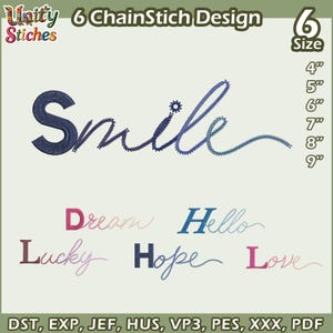 May include: An embroidery design featuring the word "Smile" in a chain stitch style, with a gradient of blue hues. Additional words include "Dream", "Hello", "Lucky", "Hope", and "Love". The image also displays size options from 10 cm to 23 cm.