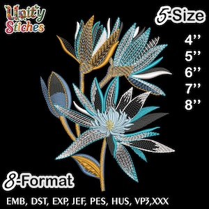 Puede incluir: Un diseño floral bordado con acentos turquesa, dorados y blancos sobre un fondo negro. El diseño incluye el texto "Unity Stitches", "5-Size" con opciones de tamaño de 10 cm a 20 cm y "8-Format" con formatos de archivo.