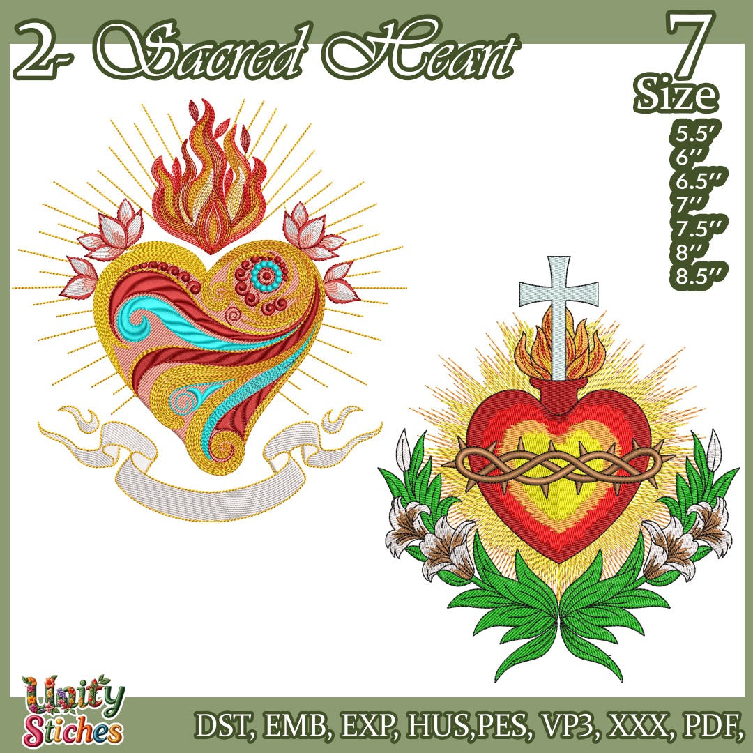 Sacred Heart Machine Embroidery Design Bundle,pack of 2 Ornate Catholic ...