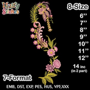 May include: An embroidery design featuring a floral pattern in pink, yellow, and green on a black background. The design includes text indicating sizes from 6" to 14" and embroidery file formats. The Unity Stitches logo is in the upper left corner.