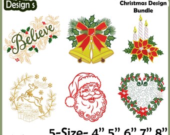 Könnte beinhalten: Ein Weihnachts-Stickdesign-Bundle mit sechs festlichen Designs. Die Designs umfassen das Wort "Believe", Glocken, Kerzen, ein Rentier, den Weihnachtsmann und einen herzförmigen Kranz. Die Designs sind in 5 Größen von 10.16 cm bis 20.32 cm erhältlich.