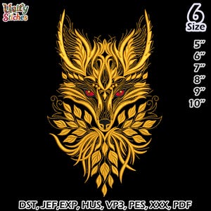 May include: An embroidered design of a golden fox head with red eyes, leaves, and intricate details, set against a black background. The image includes size options from 5" to 10" and file formats like DST, JEF, EXP, HUS, VP3, PES, XXX, and PDF.