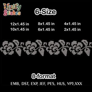 May include: A white floral embroidery design on a black background. The design features roses and leaves. The image includes size options: 12x1.45 in, 10x1.45 in, 8x1.45 in, 6x1.45 in, 4x1.45 in, and 2x1.45 in. The image also lists embroidery file formats.