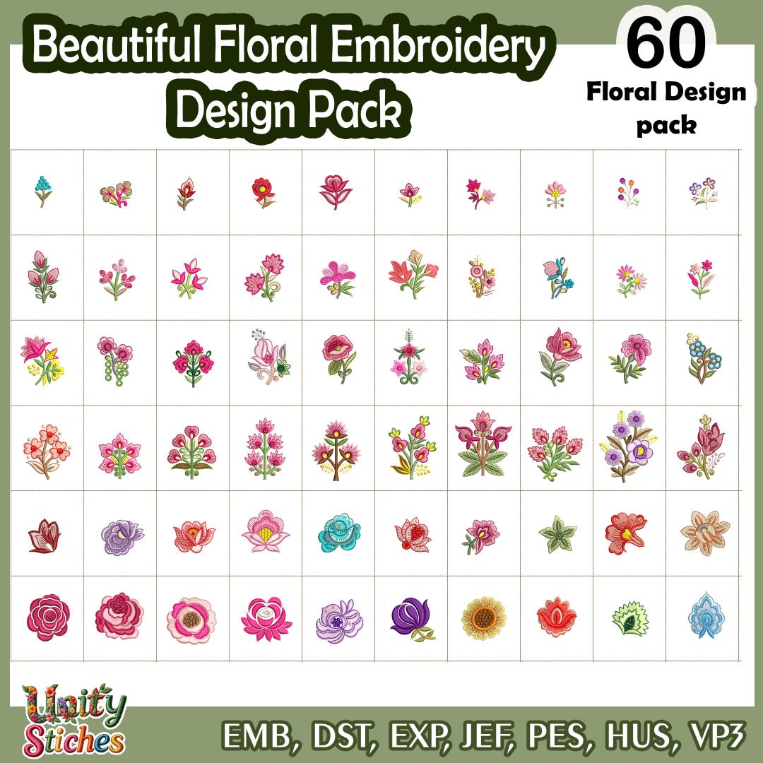 60 Floral Embroidery Designs Bundle | Mini Flower Machine Embroidery ...