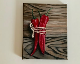 Hot Pepers, original oil painting, 10” x 8” x 0.5”, 25.5 cm x 20.5 cm x 1.5 cm, NOT PRINT, ready to hang wall art