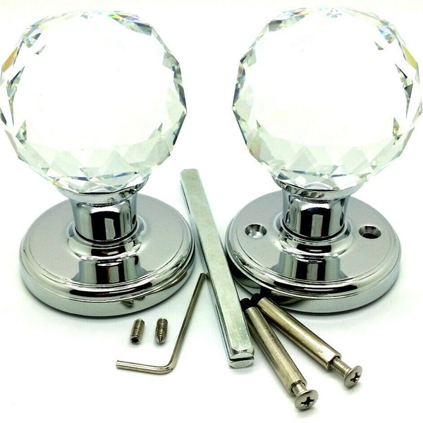 2 x 60 mm Large Crystal Diamond Glass Door Mortice Knobs Fancy Handle Home Deco - Round, Square, Pumpkin
