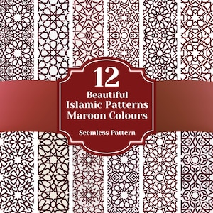 Könnte beinhalten: Darstellung von 12 islamischen Mustern in Burgunderrot mit nahtlosem Design. Die Muster sind in vertikalen Spalten angeordnet und zeigen verschiedene geometrische und florale Motive. Das Bild enthält den Text "12 Beautiful Islamic Patterns Maroon Colours Seamless Pattern."