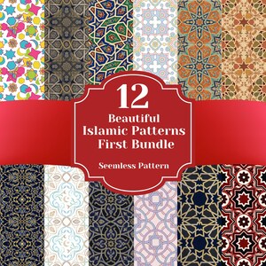 Könnte beinhalten: Eine Sammlung von 12 nahtlosen islamischen Mustern in verschiedenen Farben und Designs. Die Muster umfassen geometrische Formen, florale Motive und Sternmuster. Das Bild zeigt ein rotes Banner mit dem Text "12 Beautiful Islamic Patterns First Bundle".