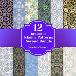 May include: A selection of 12 beautiful Islamic patterns in a second bundle, with a seamless design. The patterns feature geometric shapes, stars, and floral motifs in various colours, including blue, green, gold, and white. The image includes text that reads "12 Beautiful Islamic Patterns Second Bundle Seamless Pattern."