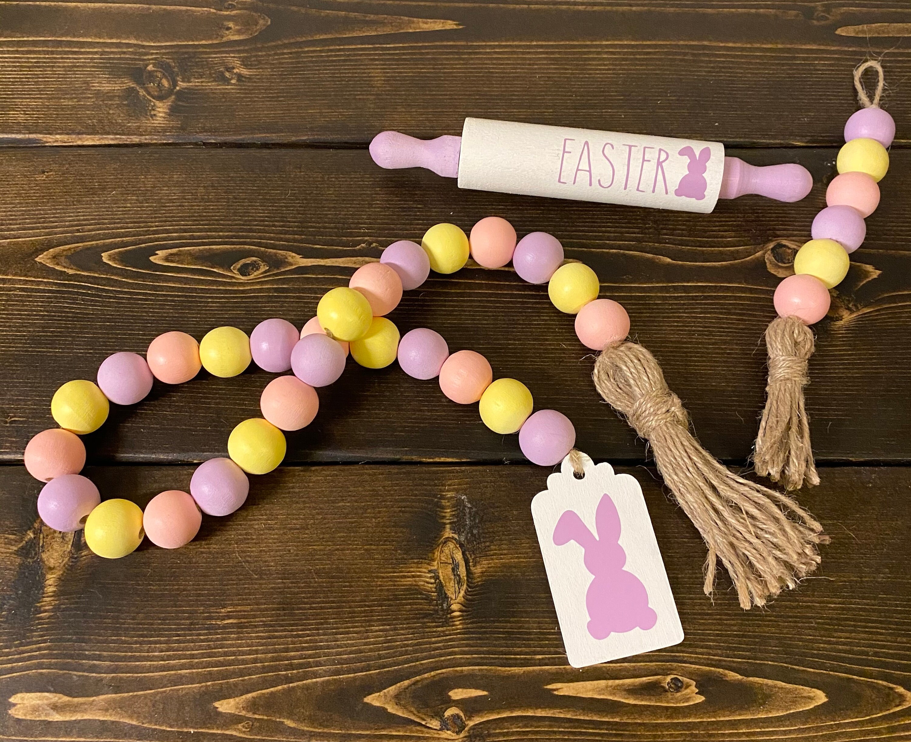 Easter wood bead garland with tassel Spring Farmhouse decor Etsy