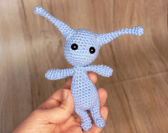 Impkin amigurumi, crocheted small fantasy creature, little blue critter