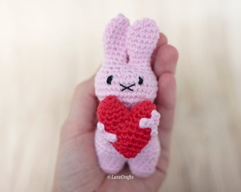 Crocheted bunny amigurumi, small bunny holding a heart, valentine's day themed rabbit plushie