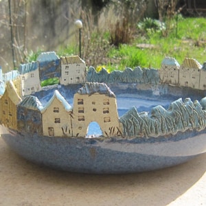 Flat (low) ceramic bowl "row of houses", effect blue/2 glazes, 3 sizes