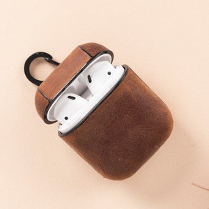 Brown Leather Apple AirPods 1-2 Case with Hanger, Customized AirPods 2 Charging Case, Personalization AirPods 1-2 Carrying Pouch Cases