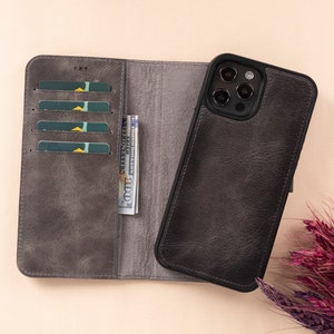 Étui portefeuille magnétique détachable en cuir gris pour iPhone 12 Series avec fentes pour cartes, iPhone 12 Mini/iPhone 12 & Pro / Pro Max Best Back Cover