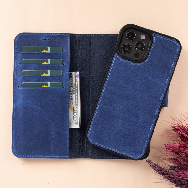 Dark Blue Leather iPhone 13 Mini 5.4" & iPhone 13 6.1" Magnetic Detachable Wallet Case with Card Slots, Personalized iPhone 13 Back Cover