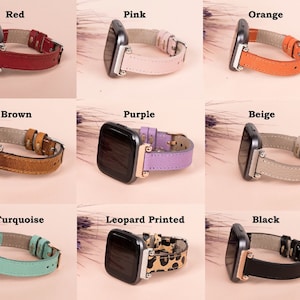 May include: Nine different colored leather watch bands for a smartwatch. The bands are in the colors red, pink, orange, brown, purple, beige, turquoise, leopard print, and black.
