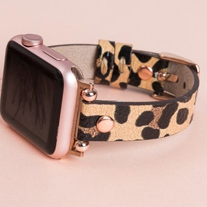 Correa de piel con estampado de leopardo para Apple Watch (38 mm, 40 mm, 41 mm, 42 mm, 44 mm, 45 mm, 46 mm, 49 mm). Correa/brazalete con estampado animal para iWatch (modelos 11, 10, 9, 8, 7, 6, Ultra/SE).