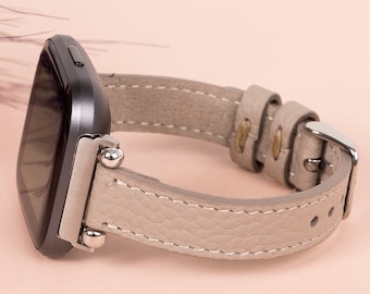 Personalized Beige-Gray Leather Fitbit Versa 3 2 1 & Versa Lite Watch Band women Thin Beady Fitbit SENSE Watch Band Apple Watch 9 Ultra 2