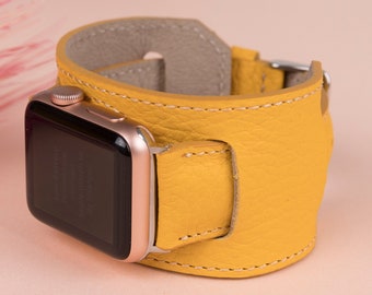 Yellow Leather Apple Watch Band 38mm 40mm 41mm 42mm 44mm 45mm, Cuff iWatch Strap Bracelet for 7 6 5 4 3 2 1 & SE, Fitbit Versa 3 2 1 Band