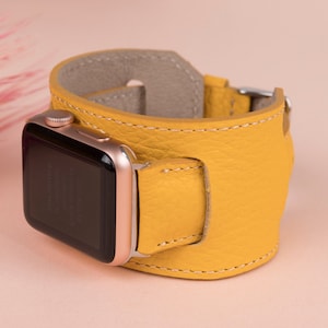 Yellow Leather Apple Watch Band 38mm 40mm 41mm 42mm 44mm 45mm 46mm 49mm Cuff iWatch Strap Bracelet for 10 9 8 7 6 5 4 Ultra SE Fitbit Band