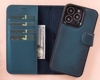 Dunkelblaue lederne iPhone 13 Serie magnetische abnehmbare Brieftasche mit Kartenfächern, personalisierte iPhone 13/Mini/Pro & Pro Max Rückseite