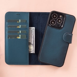 ネイビーブルーレザー iPhone 13 シリーズ マグネット式取り外し可能ウォレットケース カードスロット付き、パーソナライズされた iPhone 13/Mini/Pro & Pro Max バックカバー
