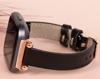 Black Leather Fitbit Inspire 1 2 Watch Band  Thin Beady Fitbit SENSE Watch Band Personalizable Fitbit Series Band Apple Watch 9 Ultra 2 Gift