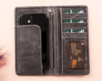 Portafoglio personalizzato in pelle con porta telefono, portafoglio organizer universale multifunzionale in pelle unisex con 6 slot per carte e tasca per soldi