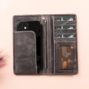 Portafoglio personalizzato in pelle con porta telefono, portafoglio organizer universale multifunzionale in pelle unisex con 6 slot per carte e tasca per soldi