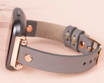 Gray Leather Fitbit Versa 4 3 2 1 Versa Lite Inspire 1 2 Watch Band women Thin Beady Fitbit  Band Personalized Apple Watch 9 Ultra 2 Gift