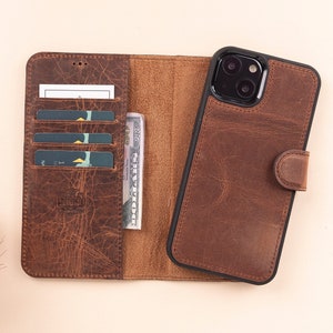 Estuche de billetera desmontable magnético para iPhone 13 Series de cuero marrón vintage con ranuras para tarjetas, contraportada personalizada para iPhone 13/Mini/Pro y Pro Max