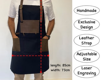 Personalized Apron with Leather Strap, Linen Chef Apron, Customized Bistro Apron, Utility Apron, Best Canvas Bartender-Shop-Barber's Apron