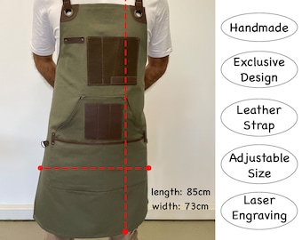 Personalized Apron with Leather Strap, Linen Chef Apron, Personalized Bistro Apron, Utility Apron, Best Canvas Bartender-Shop-Barber's Apron