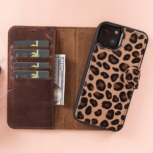 Étui portefeuille amovible magnétique en cuir fourrure léopard pour iPhone 13 séries avec fentes pour cartes, coque de téléphone pour iPhone 13 Mini/iPhone 13 et Pro/Pro Max