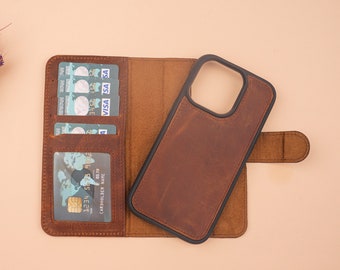 Leather iPhone 16 Pro Max Series Magnetic Detachable Wallet Case Card Slots Personalized iPhone 16 Pro Pro Max Phone Case Magsafe RFID Gift