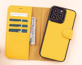 Yellow Leather iPhone 13 Series Magnetic Detachable Wallet Case with Card Slots, Personalized iPhone 13/Mini/Pro & Pro Max Back Cover Case
