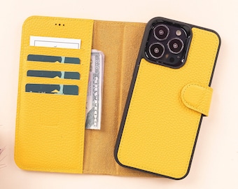 Gelbe Lederne iPhone 13 Series magnetische abnehmbare Brieftasche mit Kartenfächern, personalisierte iPhone 13/Mini/Pro & Pro Max Back Cover Case