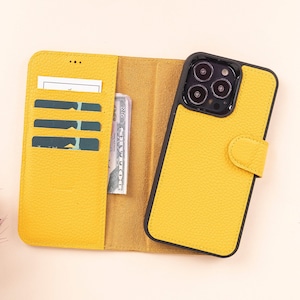 Capa tipo carteira magnética removível de couro amarelo para iPhone 13 Series com compartimentos para cartão, capa traseira personalizada para iPhone 13/Mini/Pro e Pro Max