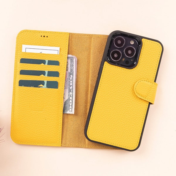 Yellow Leather iPhone 13 Series Magnetic Detachable Wallet Case with Card Slots, Personalized iPhone 13/Mini/Pro & Pro Max Back Cover Case