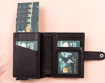 Portefeuille de protection RFID en cuir noir, porte-cartes mécanique, porte-cartes de visite personnalisé jusqu'à 9 emplacements pour cartes, 1 porte-monnaie de poche