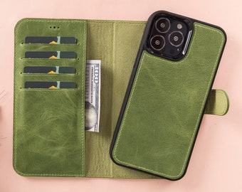 Cute Green Leather iPhone 13 Series Magnetic Detachable Wallet Case with Card Slots, Personalized iPhone 13/Mini/Pro & Pro Max Back Cover