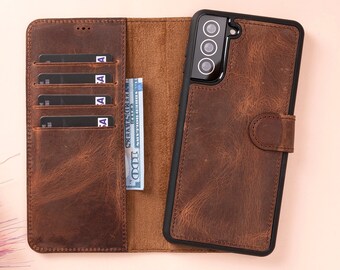 Funda tipo cartera magnética desmontable de cuero para Samsung S26, S25 y S24 Series con ranuras para tarjetas y personalización para Galaxy S26, S25 y S24 Plus Ultra.